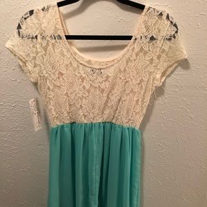 Cream lace and teal dress
